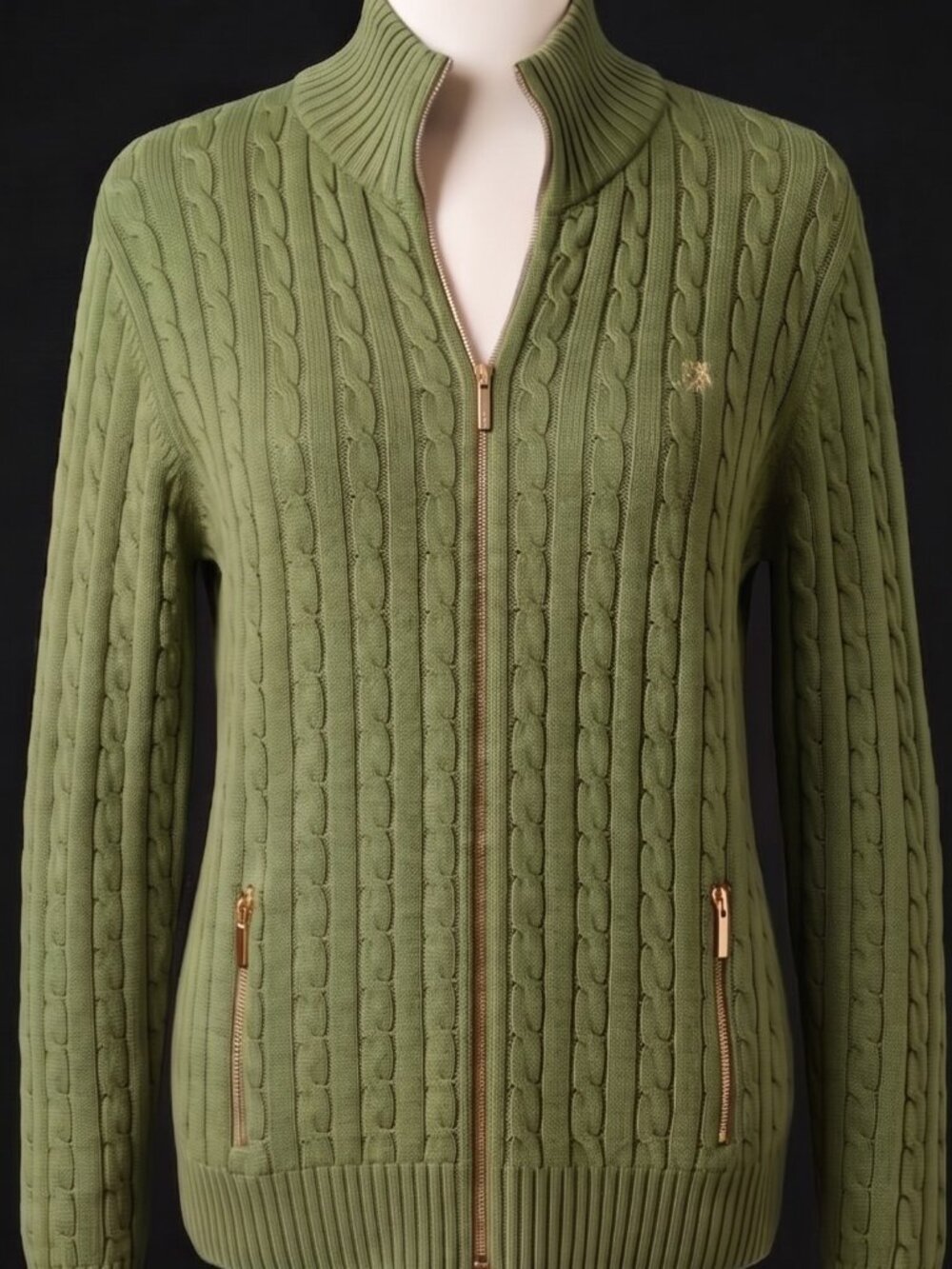 Ralph Lauren zip up cable knit sweater in Moss green. XL